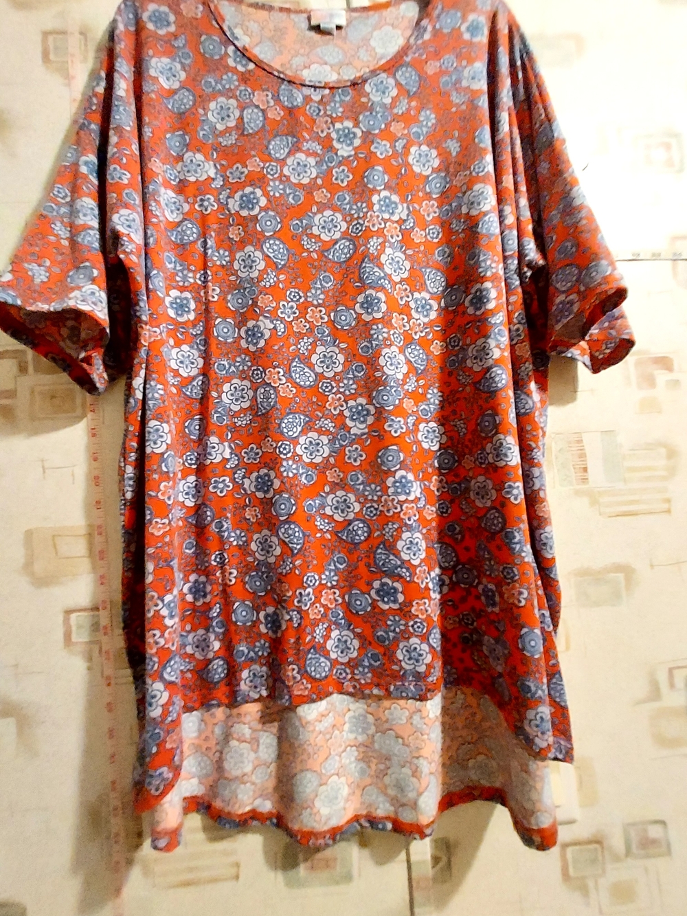 LuLaRoe Red Floral Tunic with Blue and White Flowers
